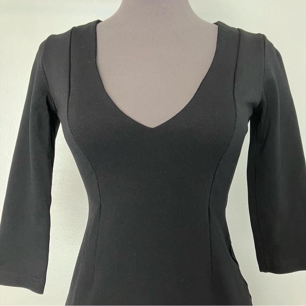 SOLD Retrolicious Black Stretch Knit Sleeved V Neck Midi Pencil Dress Small - Picture 2 of 9